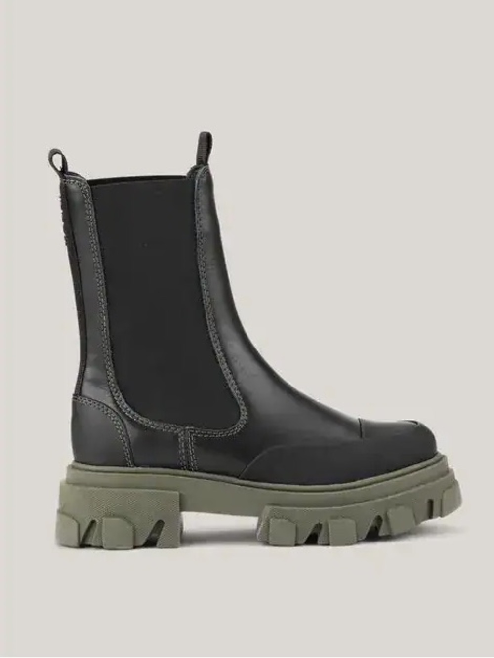 Ganni Black Leather Chelsea Boots with Olive Lug Sole